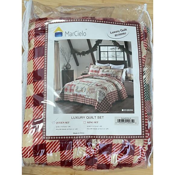 MarCielo Luxury Christmas Queen Patchwork Quilt Pillow Shams 3 piece Set Plaid - Picture 11 of 11